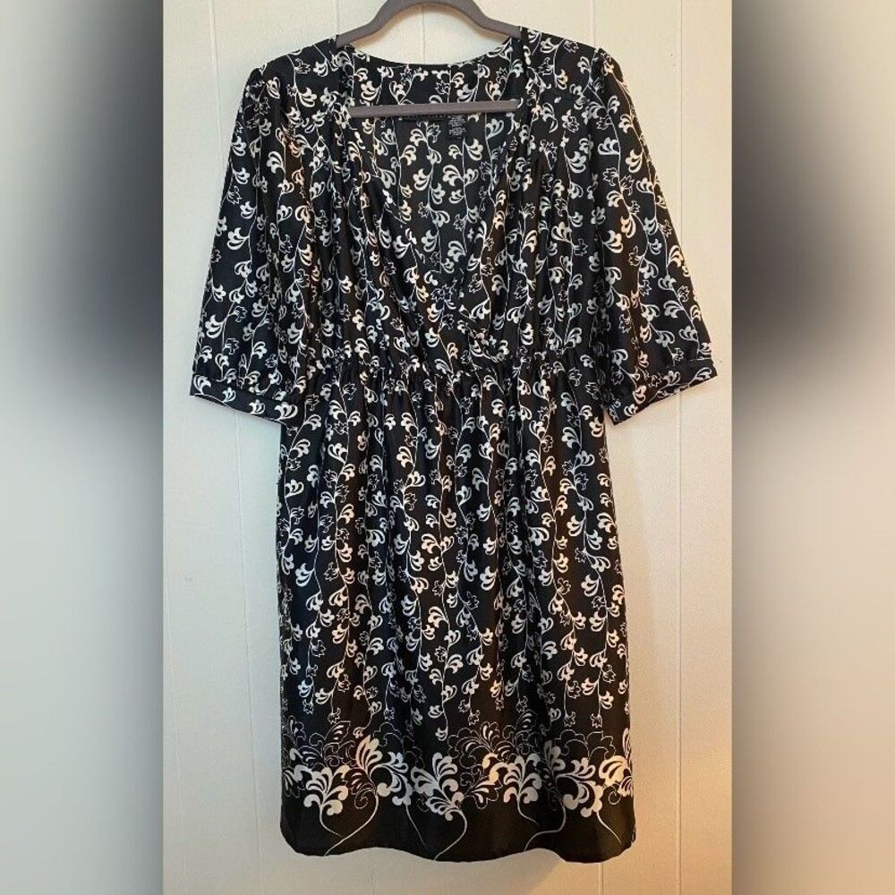 Apostrophe Dress Womens 10 Black White Floral Print Knee Length 3/4 Sleeve